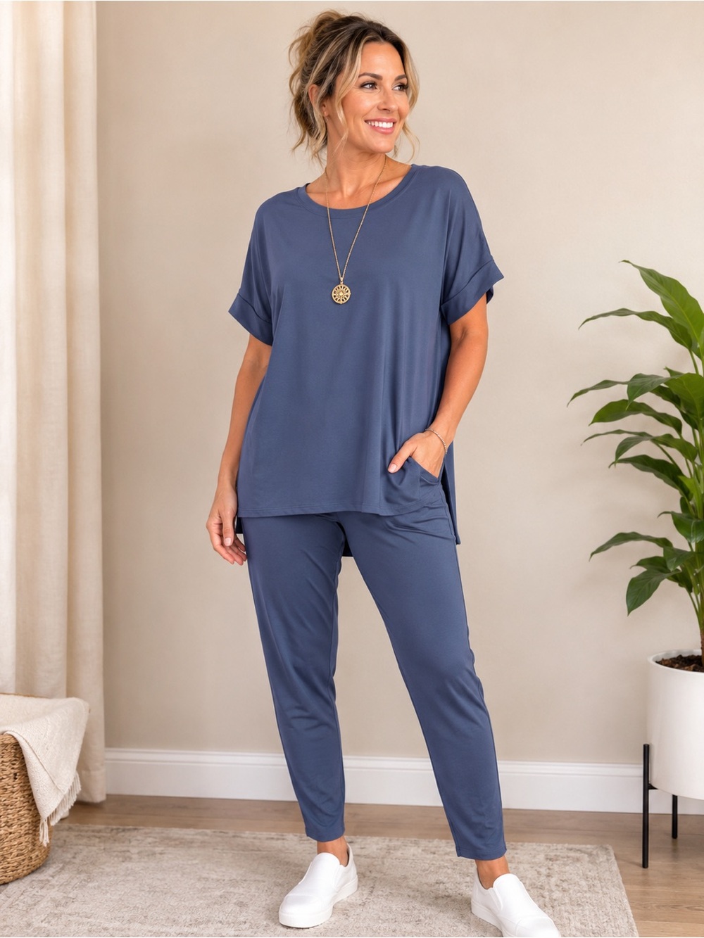 Zenana Outfitters Crewneck Top with Matching Leggings in Dusty Slate‎ Blue XL
